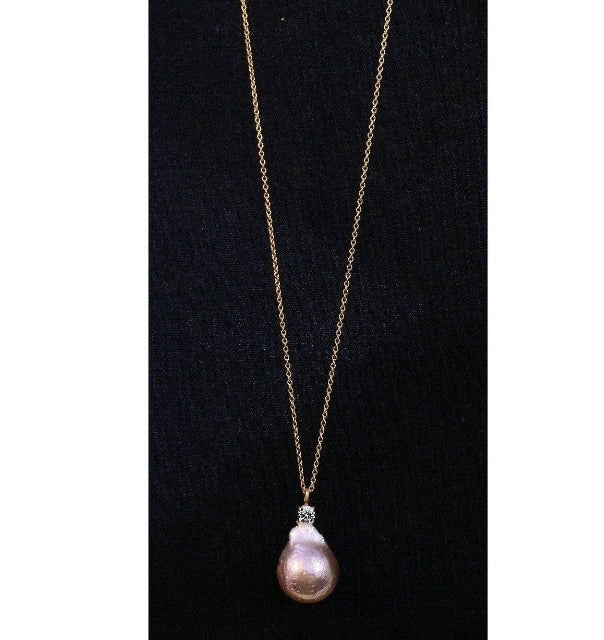 Unique Cubic Zirconia Genuine Baroque Pearl Sterling Silver Pendant Necklace