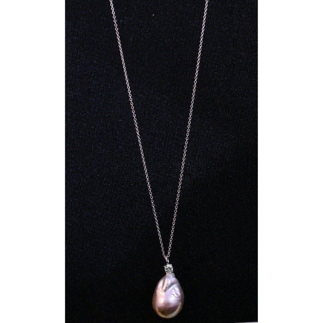 Unique Cubic Zirconia Genuine Baroque Pearl Sterling Silver Pendant Necklace