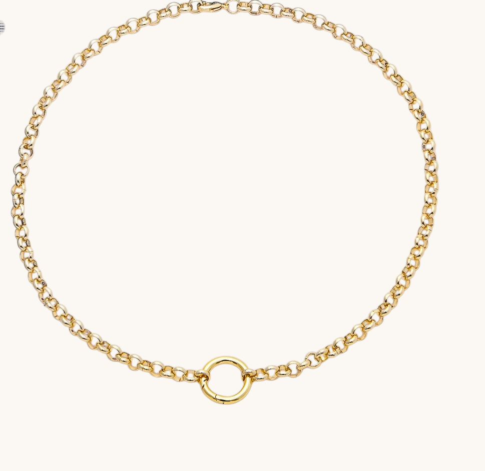 Tessa Vera 16K gold filled rolo chain necklace featuring a 6mm push gate charm connector ring on a white background.