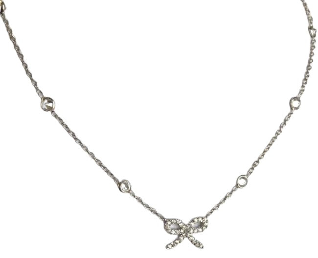 Friendship Bow Knot Cubic Zirconia Sterling Silver Stations Necklace