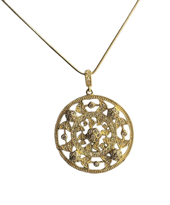Unique Round Flower Cubic Zirconia Medallion Sterling Silver Pendant Necklace