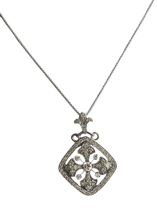 Square Cubic Zirconia Cross Medallion Sterling Silver Pendant Necklace