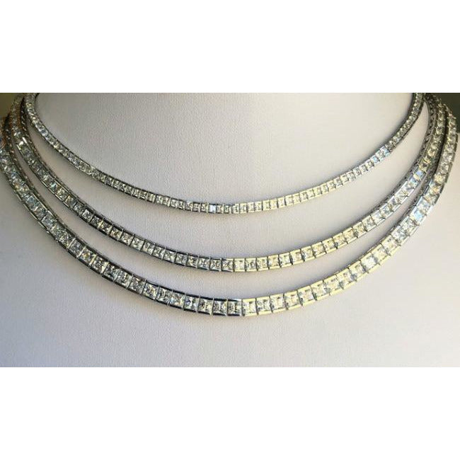 Exquisite Princess Cut Square Cubic Zirconia Sterling Silver CZ Tennis Necklace