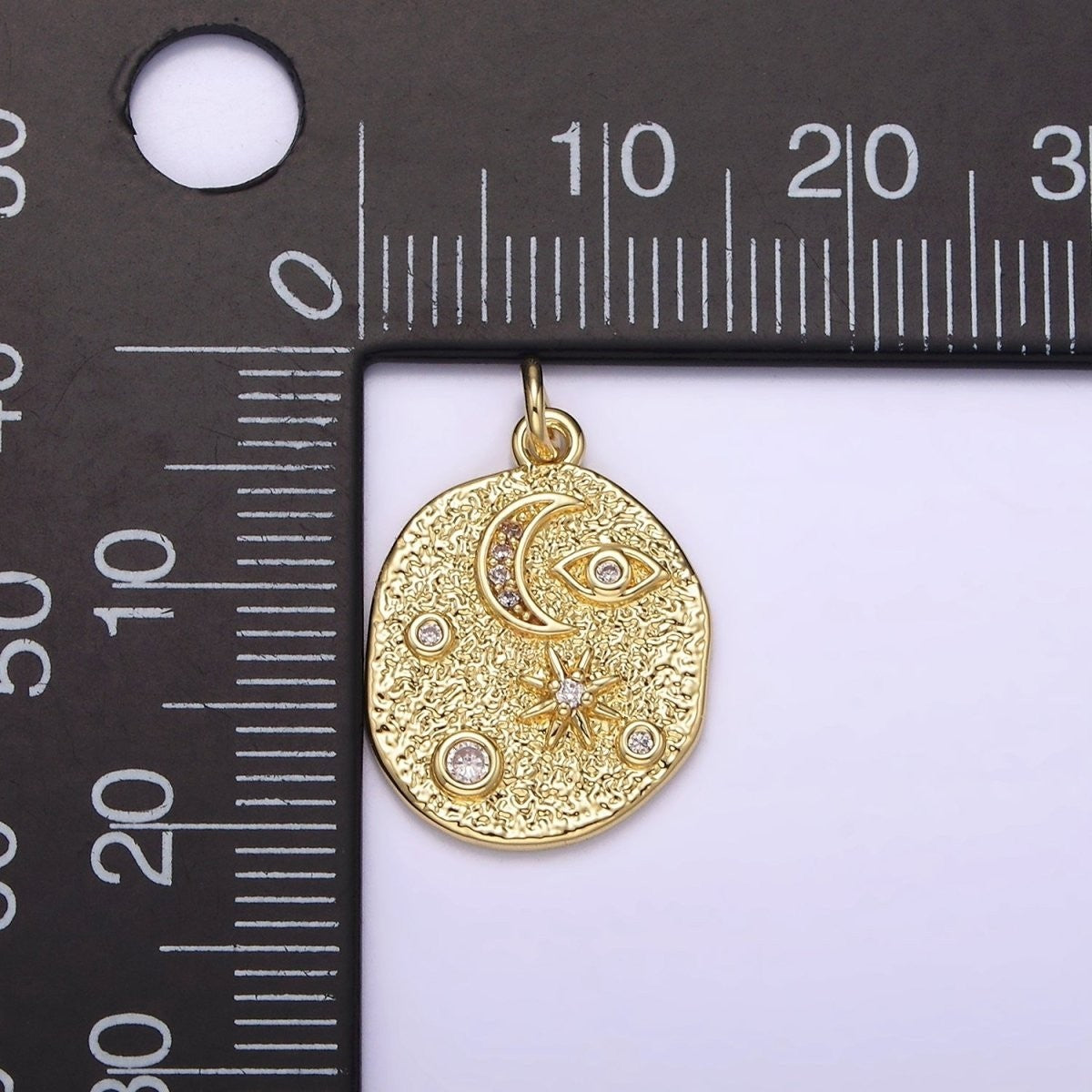 14K Gold Filled 20mm Evil Eye Celestial Crescent Moon Star Hammered Oval Charm