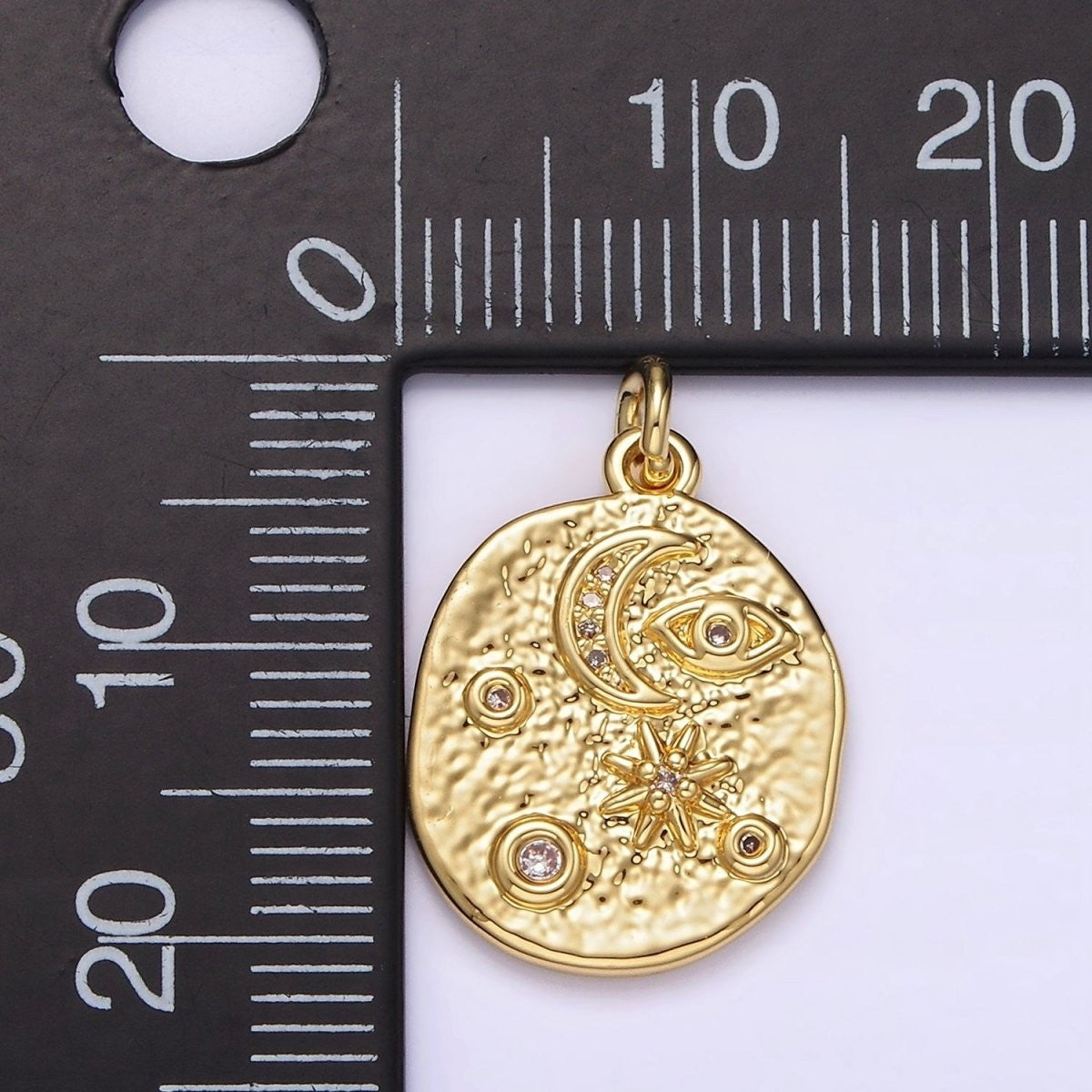 14K Gold Filled 20mm Evil Eye Celestial Crescent Moon Star Textured Oval Charm