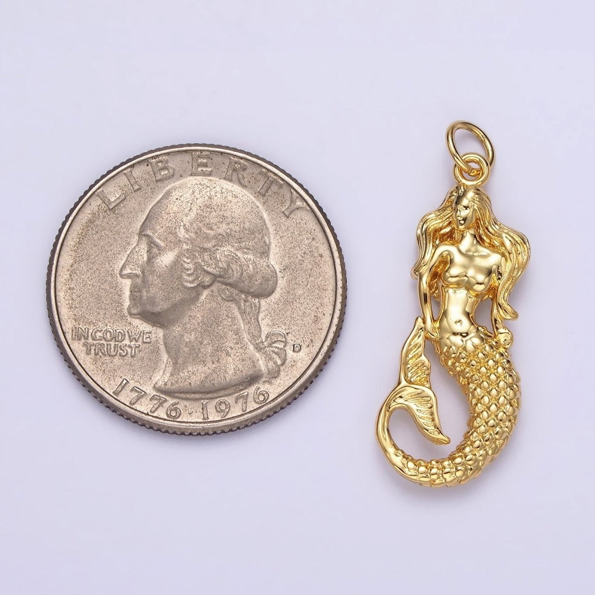 14K Gold Filled 30mm x 11mm Ocean Sea Mermaid Textured Charm in Gold or Silver