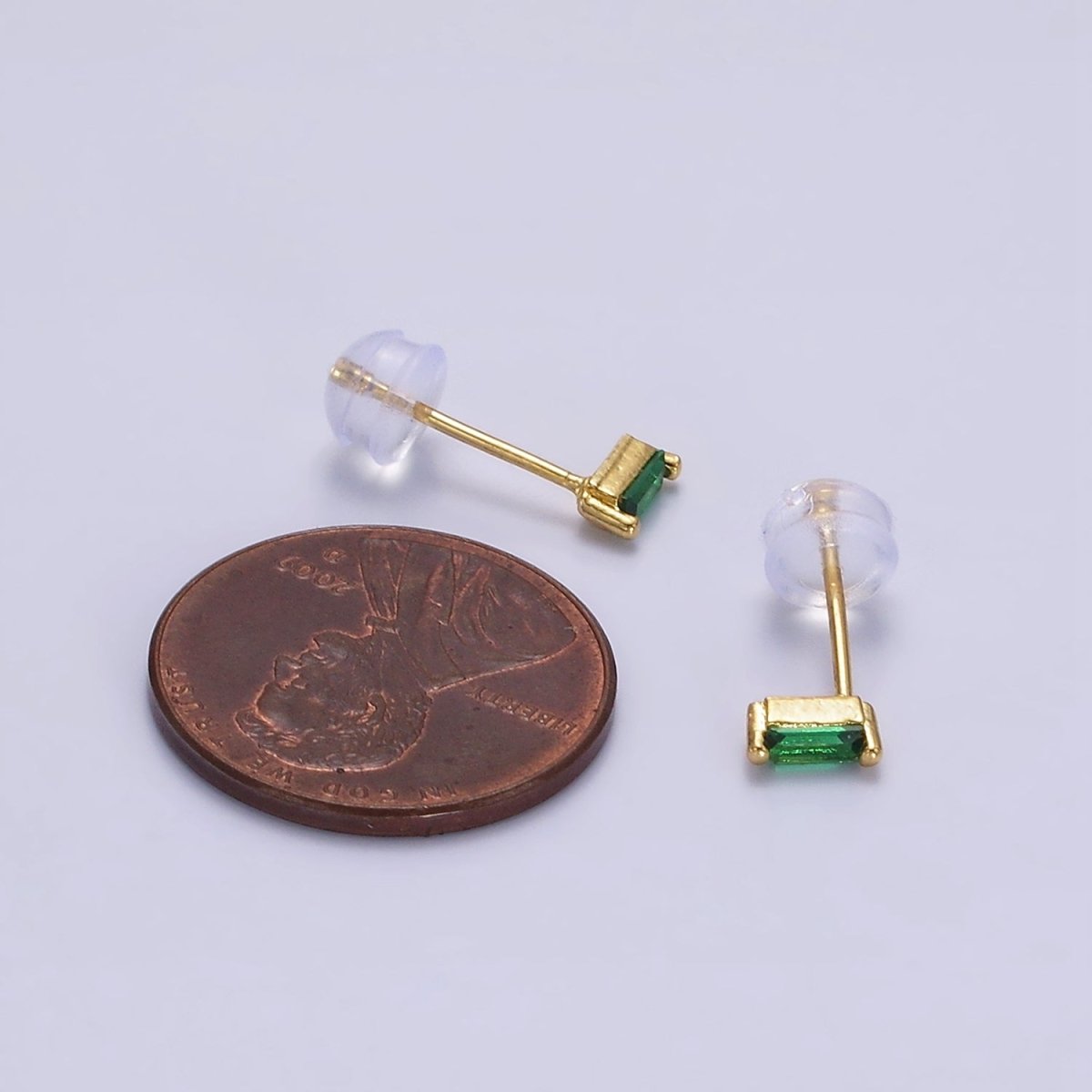 Tiny 14K Gold-Filled 5mm Green, Purple, Fuchsia, Clear, Pink, Blue Minimalist CZ Baguette Stud Earrings
