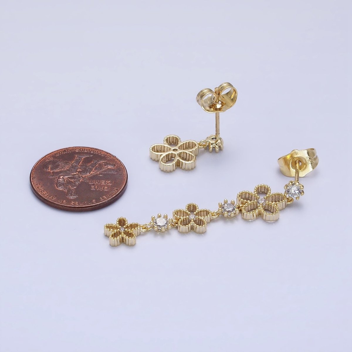 14K Gold Filled Beaded Flower Clear CZ Linear Drop Stud Earrings