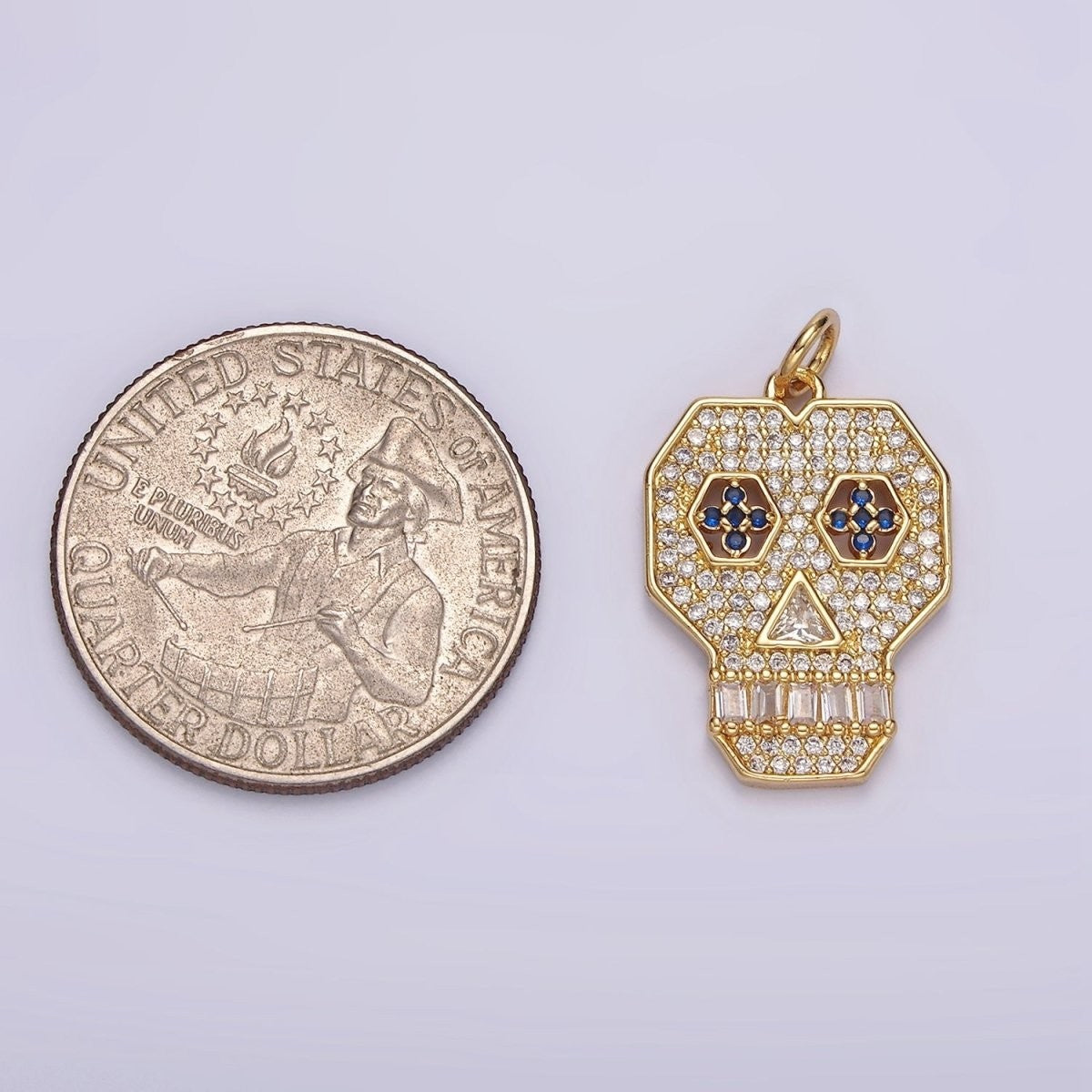 14K Gold-Filled Blue-Eyed 21.6mm Skeleton Skull Clear Micro Pave CZ Charm