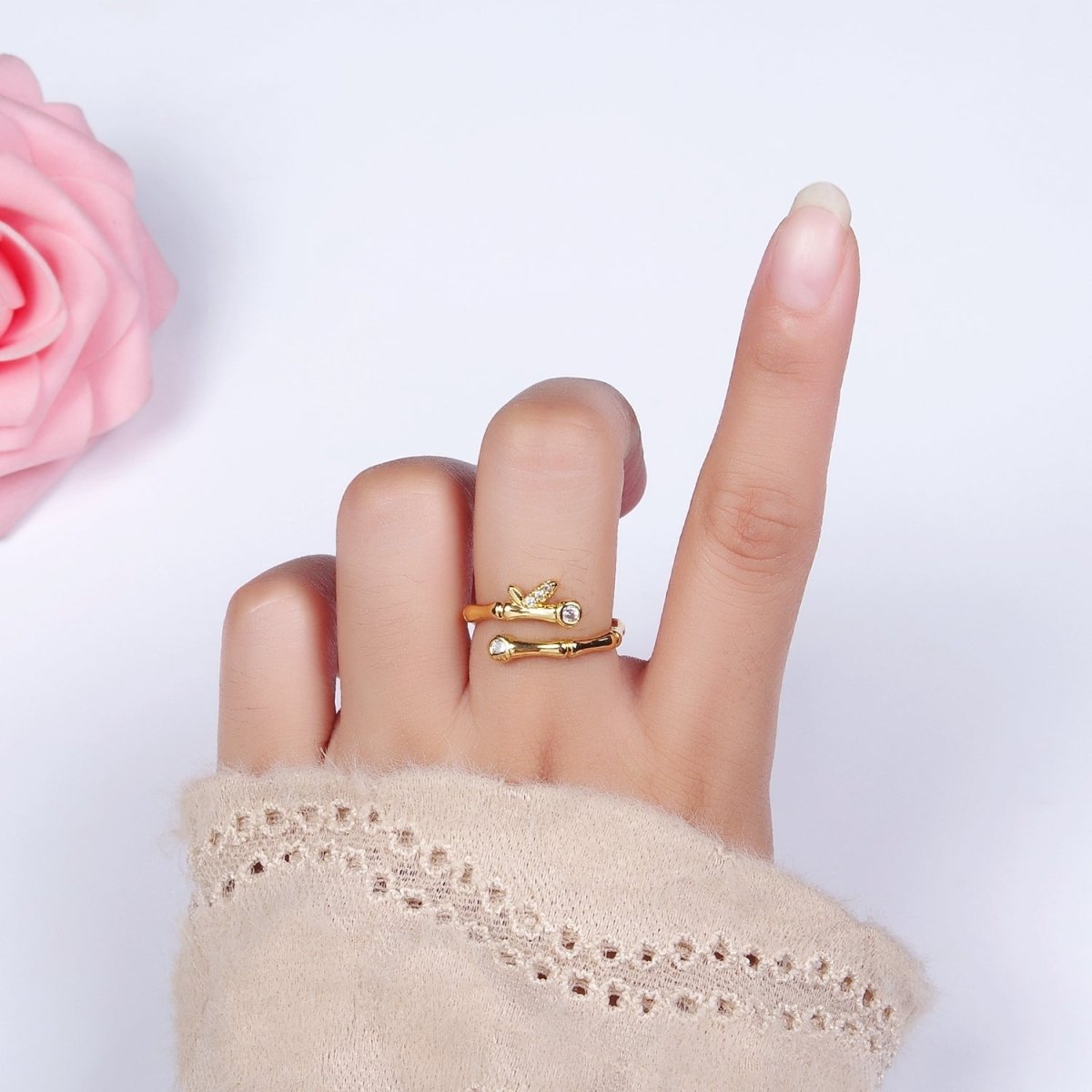 Delicate 14K Gold Filled Clear CZ Bamboo Leaf Nature Wrap Ring