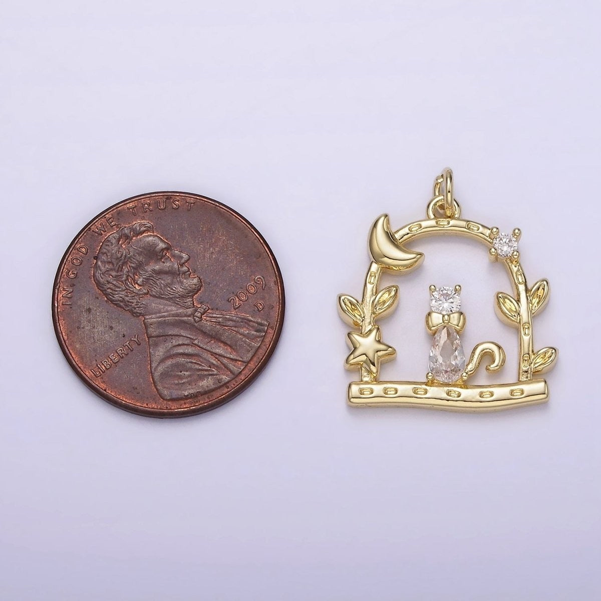 14K Gold Filled Clear CZ Cat Animal Pet Celestial Crescent Moon Star Night Leaf Dented Open Gate Garden Charm