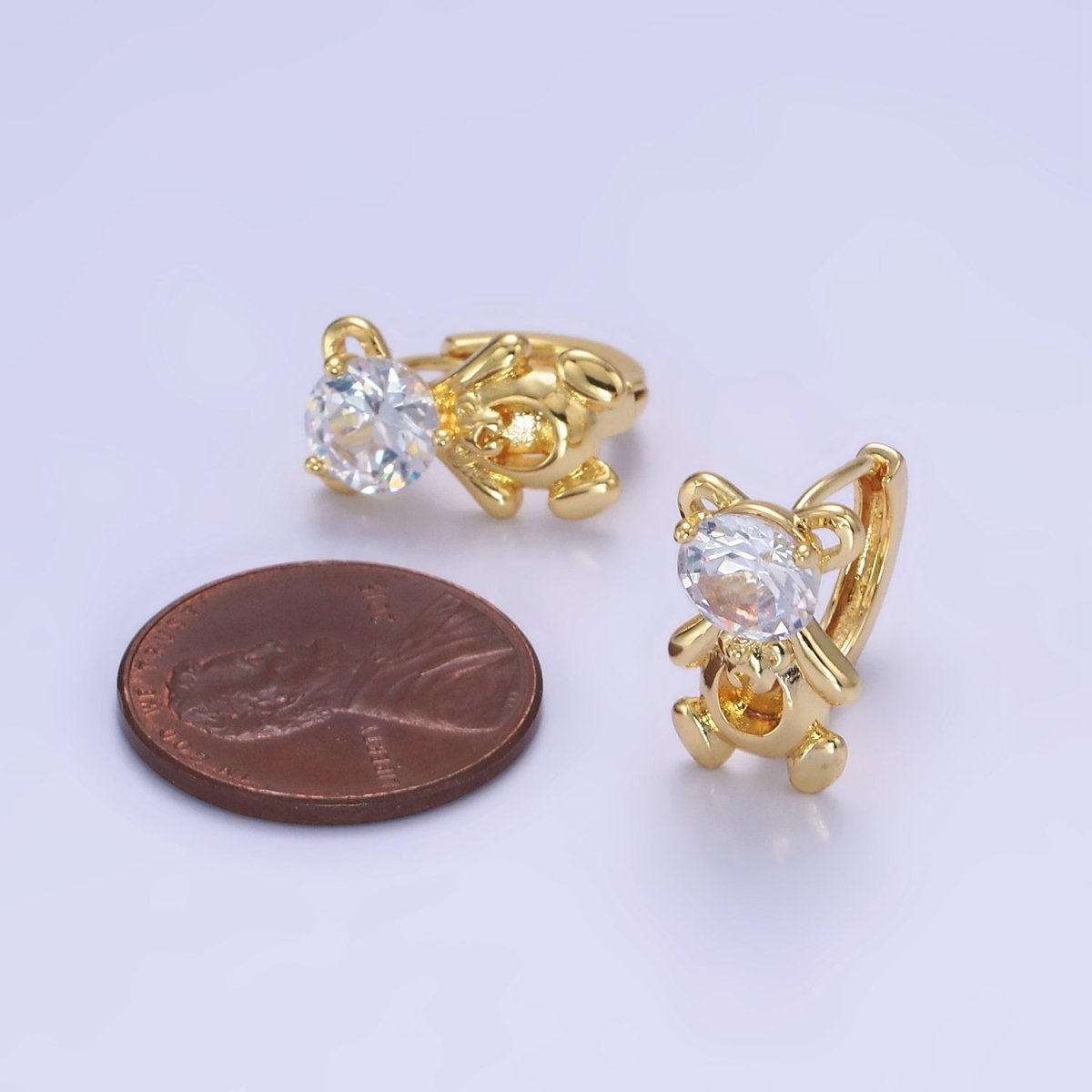 Cute 14K Gold Filled Clear CZ Teddy Bear Huggie Earrings