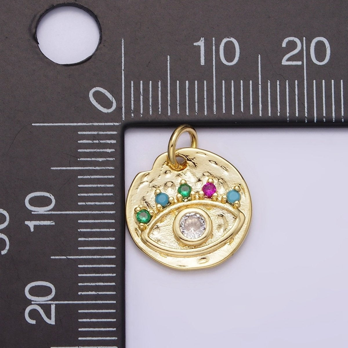 14K Gold Filled Clear Evil Eye Multicolor CZ Hammered Round Charm