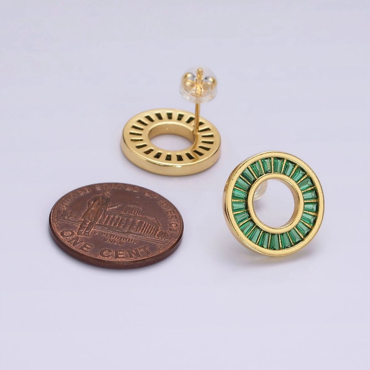 Simple 14K Gold Filled Clear, Green CZ Baguette Lined Open Round Stud Earrings in Gold & Silver