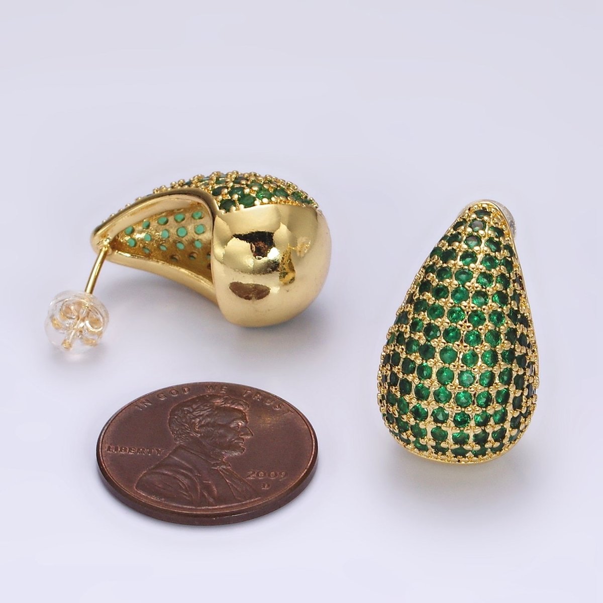 14K Gold Filled Clear, Turquoise, Green Micro Paved CZ Teardrop Dome C-Shaped Stud Earrings in Gold & Silver
