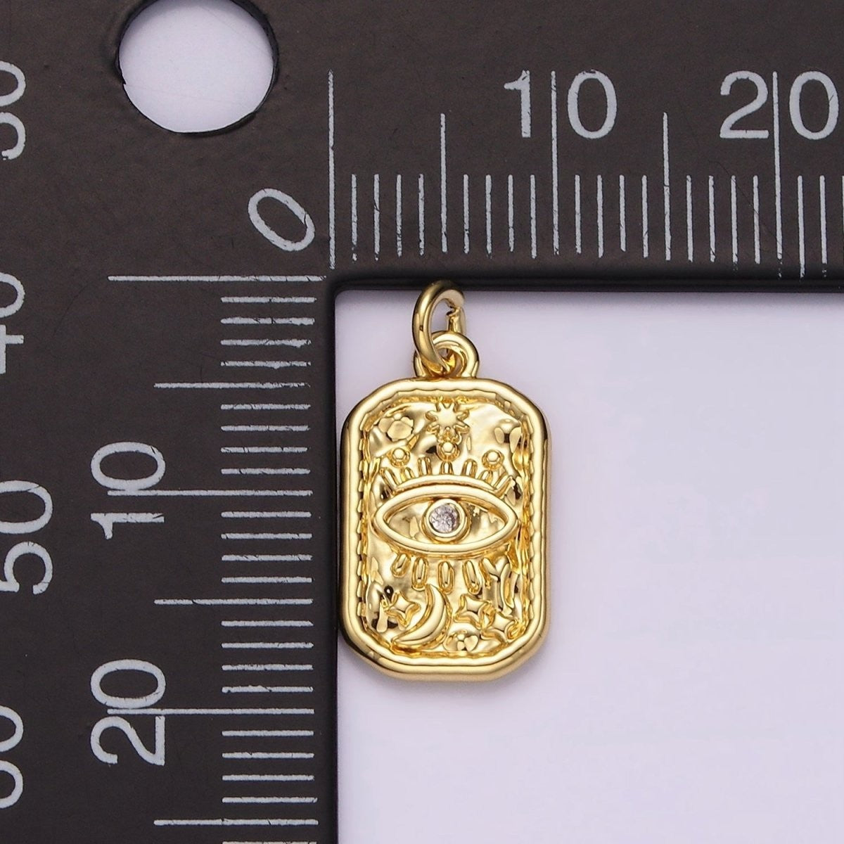 14K Gold Filled CZ Evil Eye Celestial Sun Moon Stars Hammered Rectangular Charm