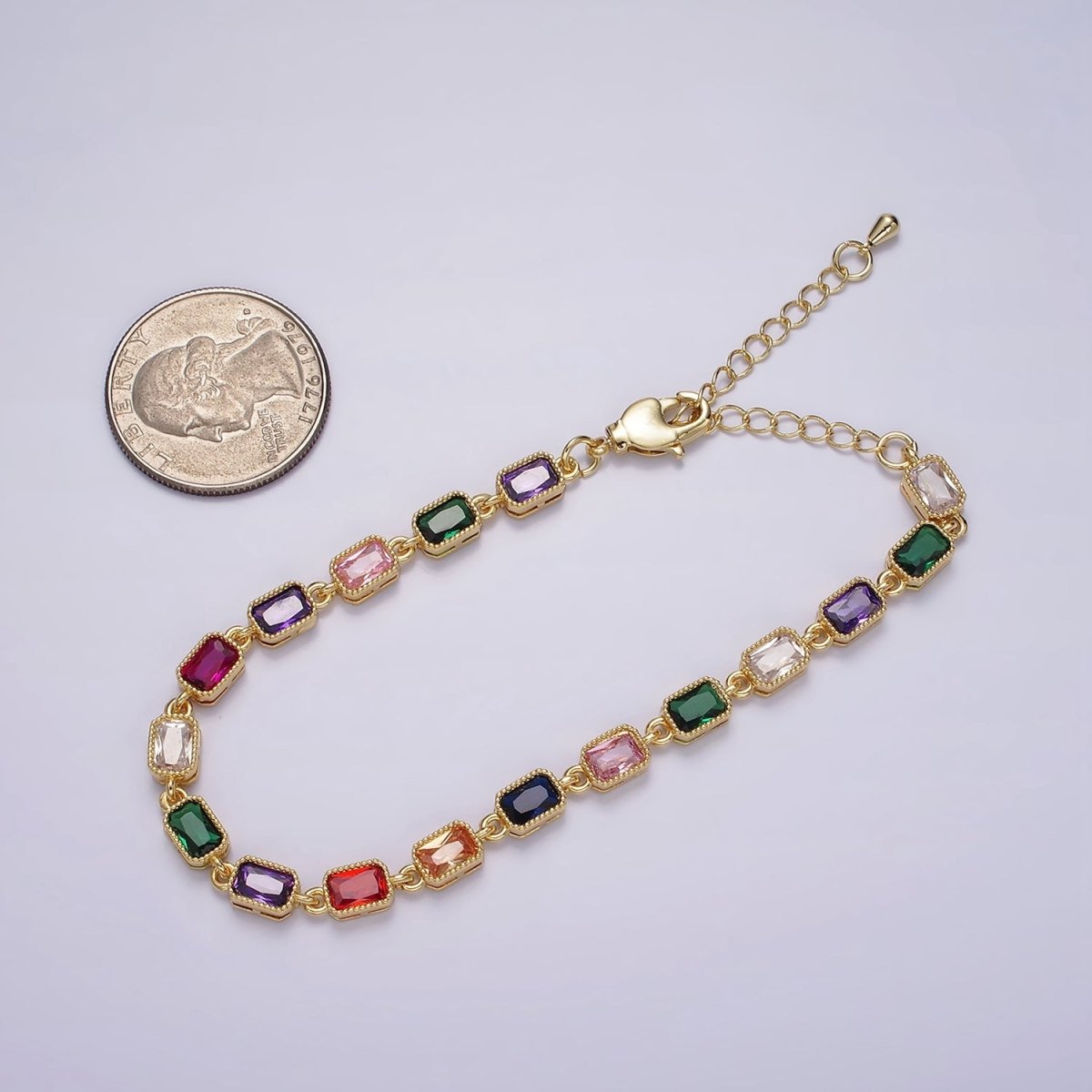 14K Gold Filled CZ Multicolor Baguette Bezel 7 Inch Bracelet in Gold & Silver