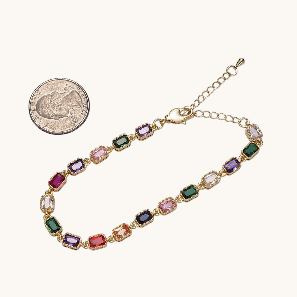 14K Gold Filled CZ Multicolor Baguette Bezel 7 Inch Bracelet in Gold & Silver