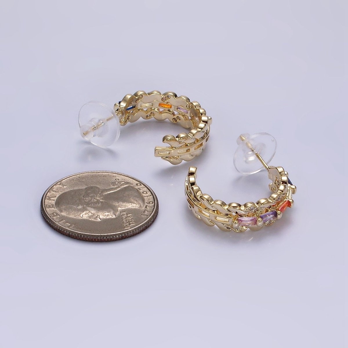 14K Gold Filled CZ Multicolor Baguette Micro Pave Triple Band C-Shaped Earrings in Gold & Silver