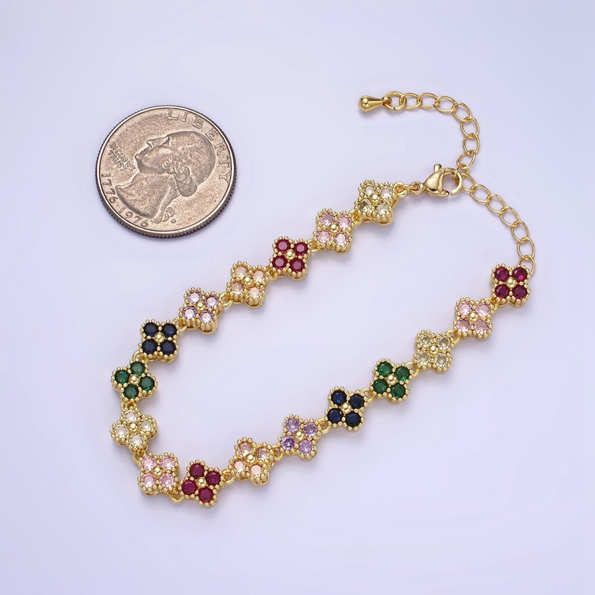 14K Gold Filled CZ Multicolor Flower 6 Inch Bracelet in Gold & Silver