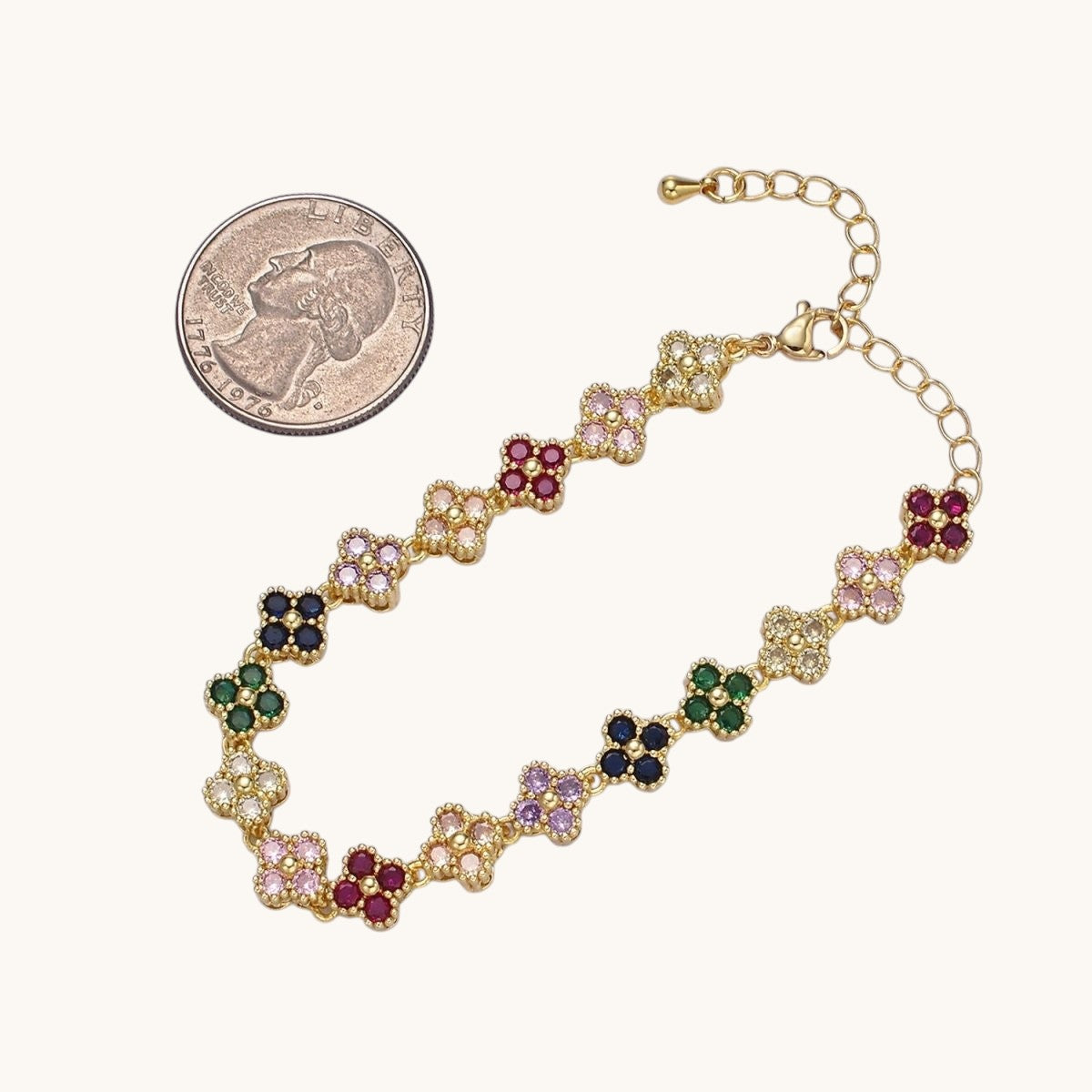 14K Gold Filled CZ Multicolor Flower 6 Inch Bracelet in Gold & Silver