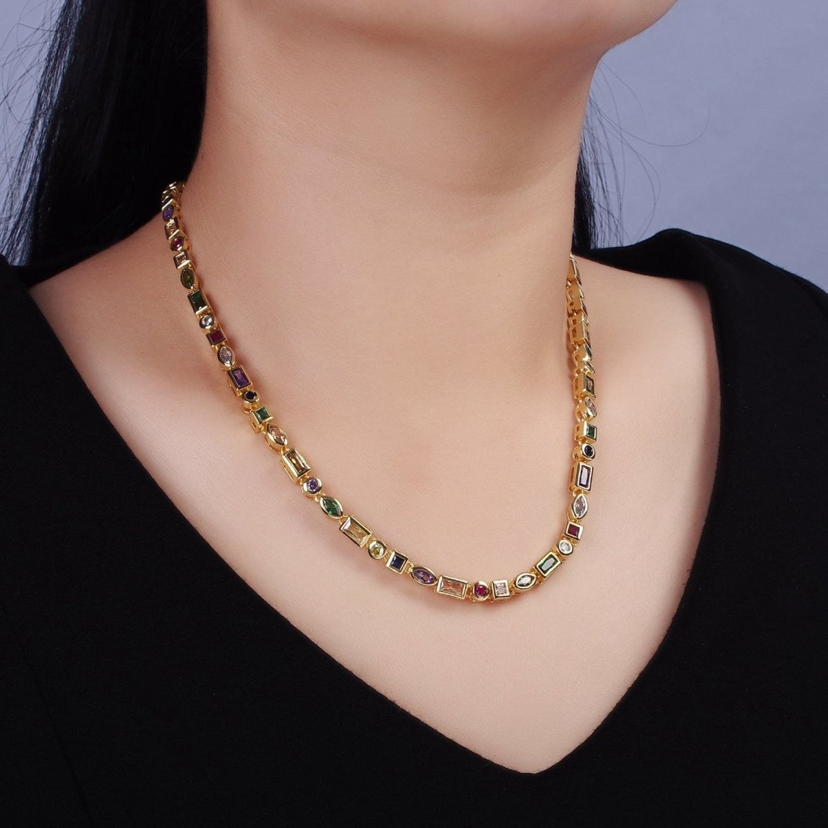 Beautiful 14K Gold Filled CZ Multicolor Geometric 16 Inch Choker Designed Necklace in Silver