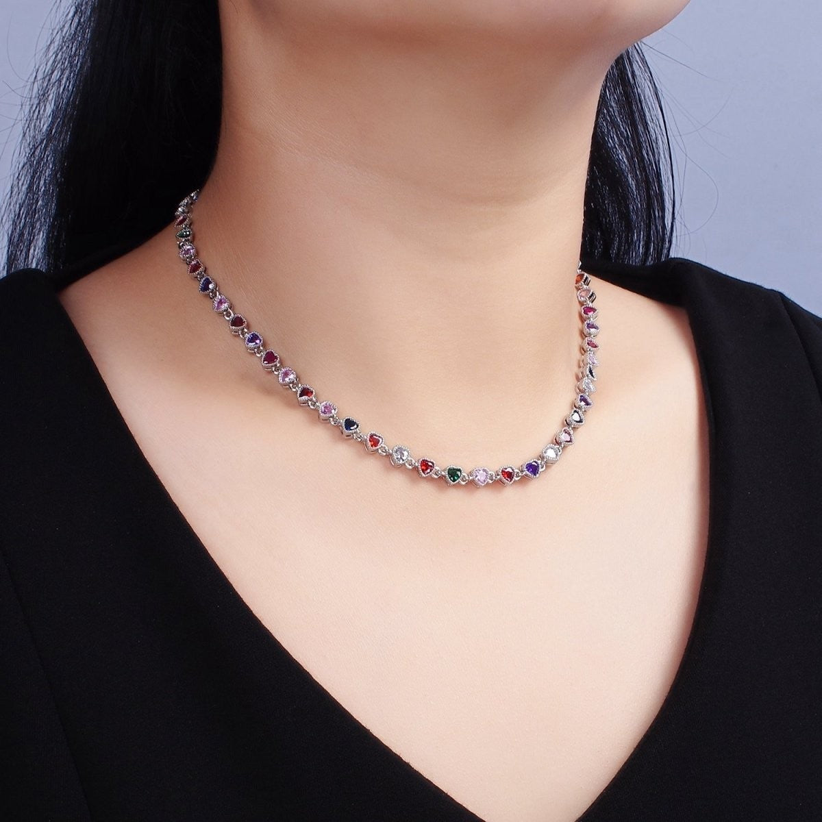 14K Gold Filled CZ Multicolor Heart Bezel 15 Inch Necklace in Gold & Silver