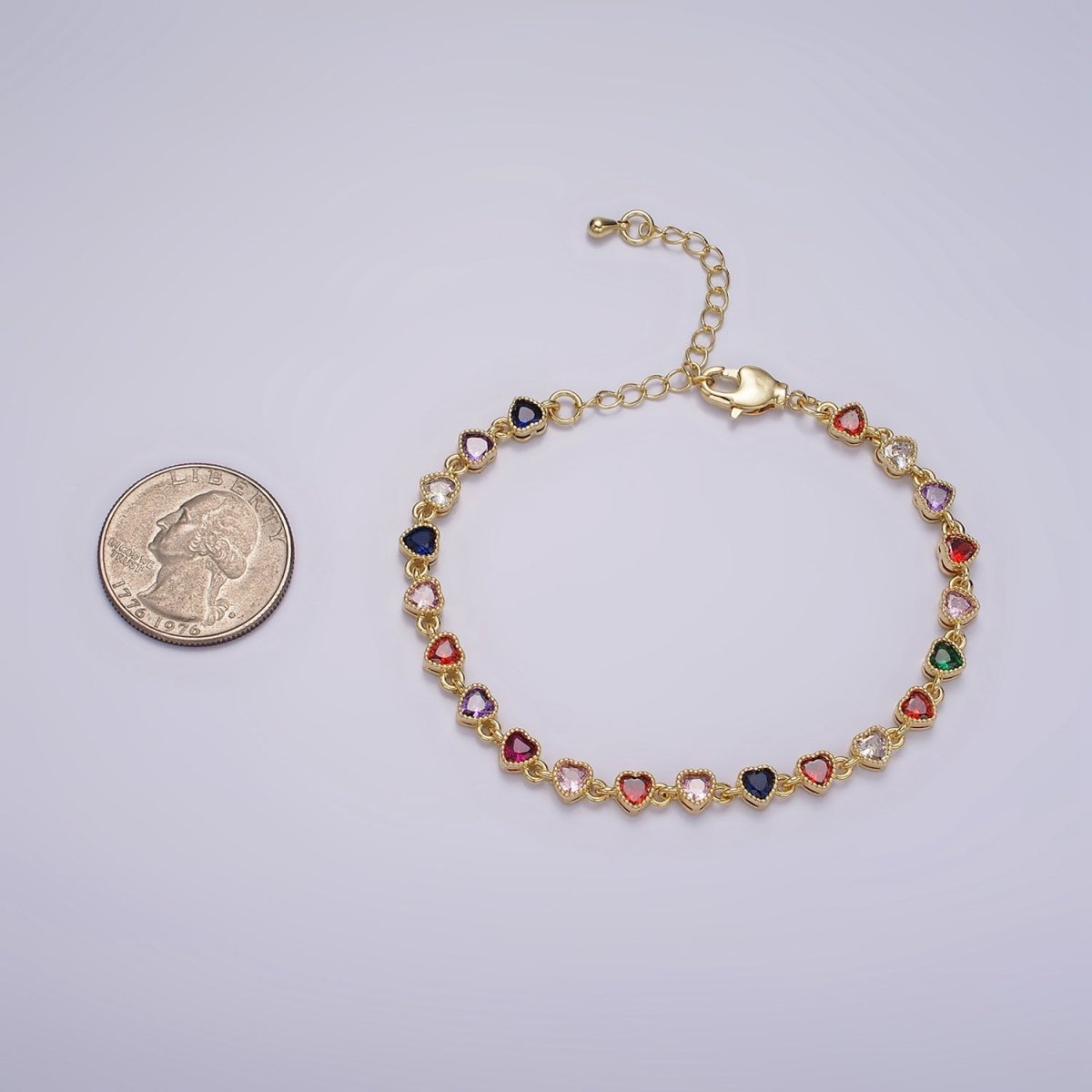 14K Gold Filled CZ Multicolor Heart Bezel 7 Inch Bracelet in Gold