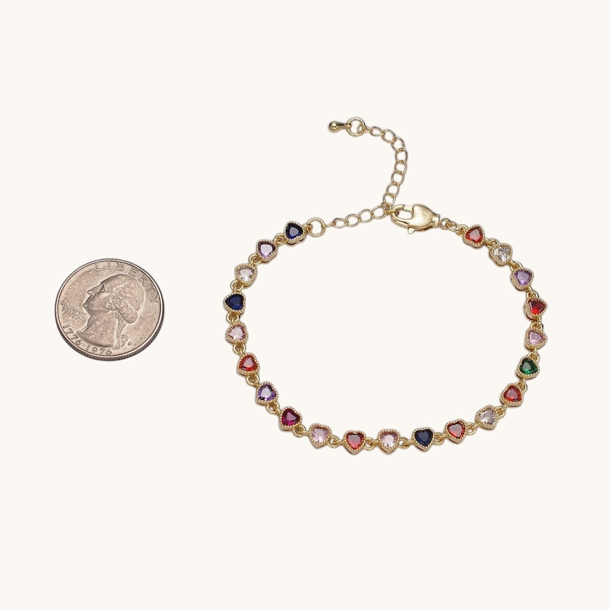 14K Gold Filled CZ Multicolor Heart Bezel 7 Inch Bracelet in Gold