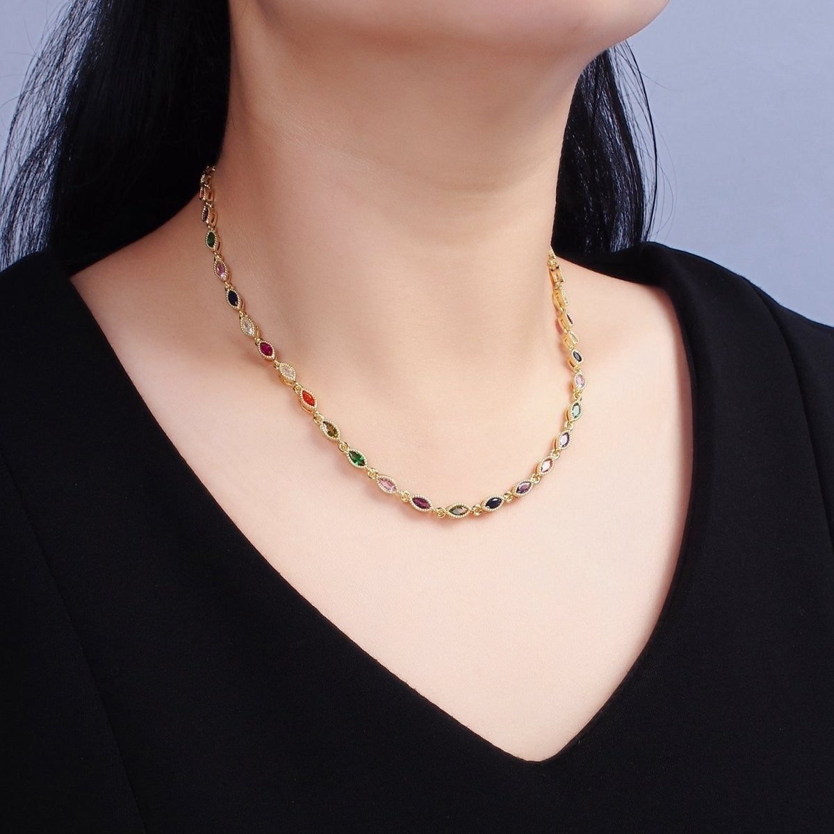 Stunning 14K Gold Filled CZ Multicolor Marquise Bezel 16 Inch Necklace in Gold