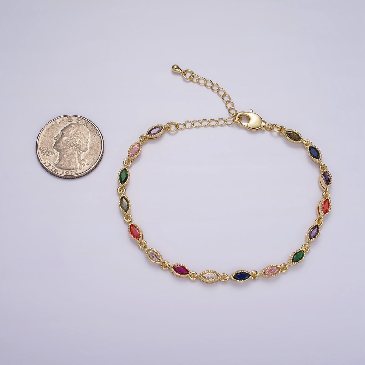 14K Gold Filled CZ Multicolor Marquise Bezel 7 Inch Bracelet in Gold