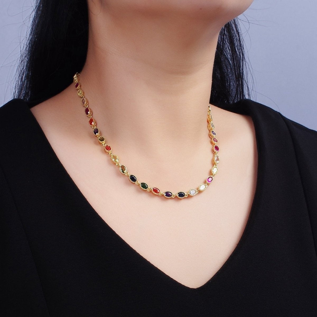 Stunning 14K Gold Filled CZ Multicolor Oval Bezel 16 Inch Necklace in Gold & Silver