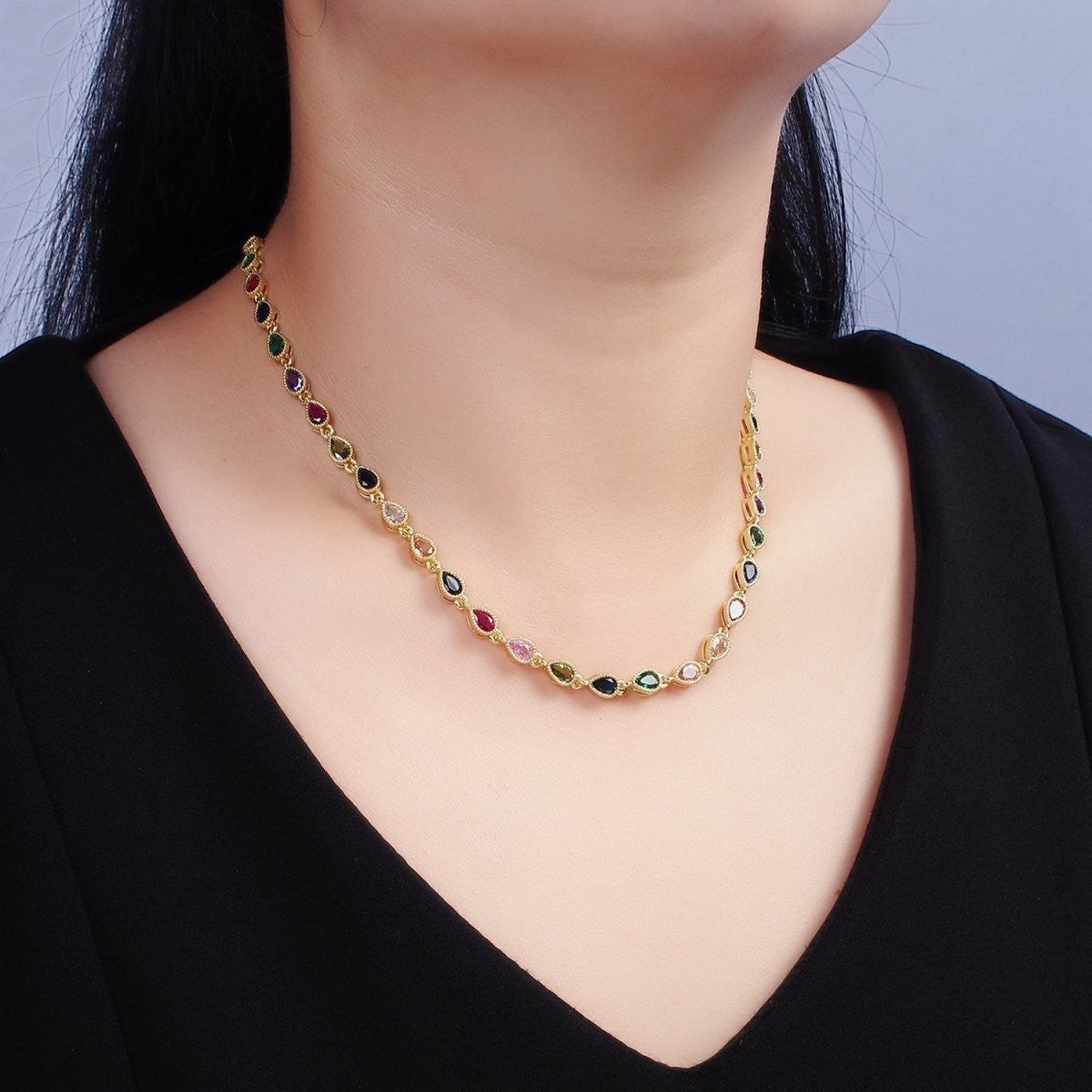Beautiful 14K Gold Filled CZ Multicolor Teardrop Bezel 15 Inch Necklace in Gold & Silver