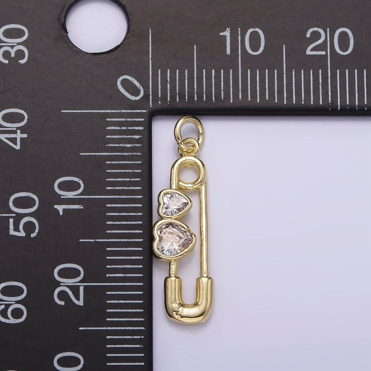 14K Gold Filled Double Clear CZ Heart Safety Baby Pin Charm