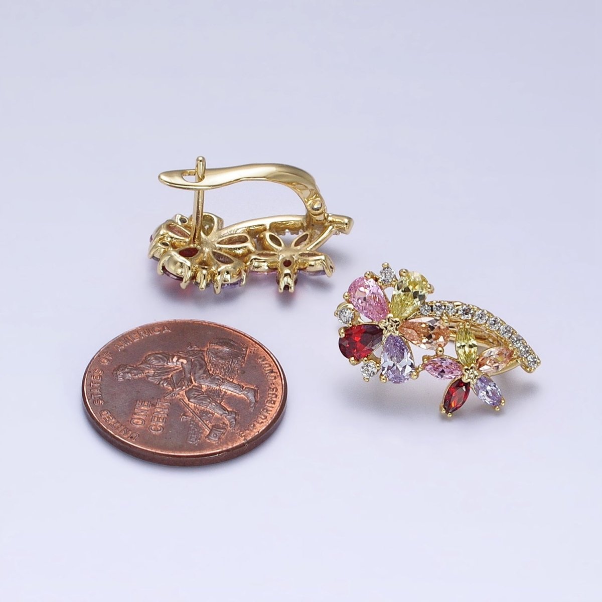 14K Gold Filled Flower CZ Multicolor Teardrop Marquise Micro Pave English Lock Hoop Earrings