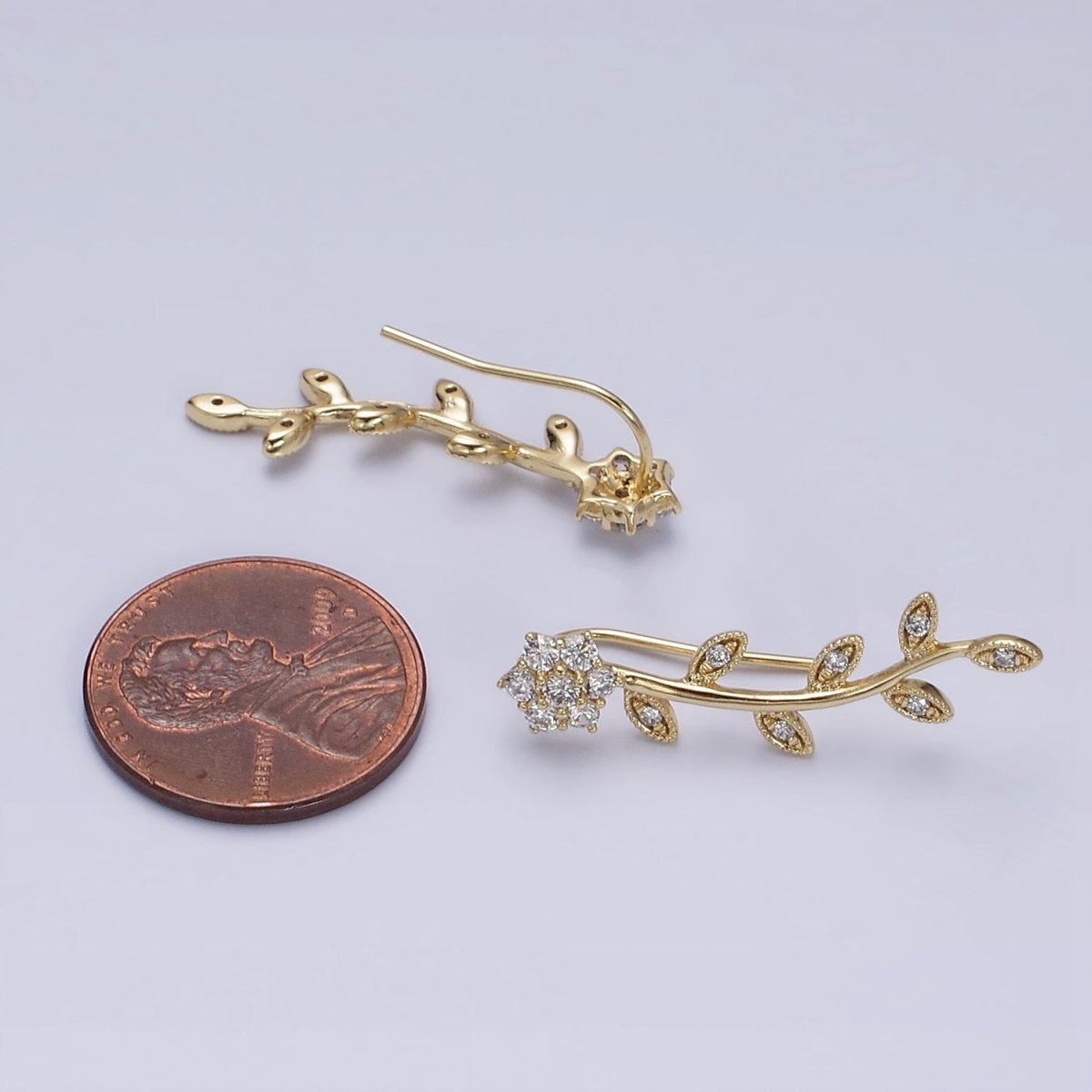Delicate 14K Gold Filled Flower Leaves Clear CZ Ear Climber in Gold & Silver