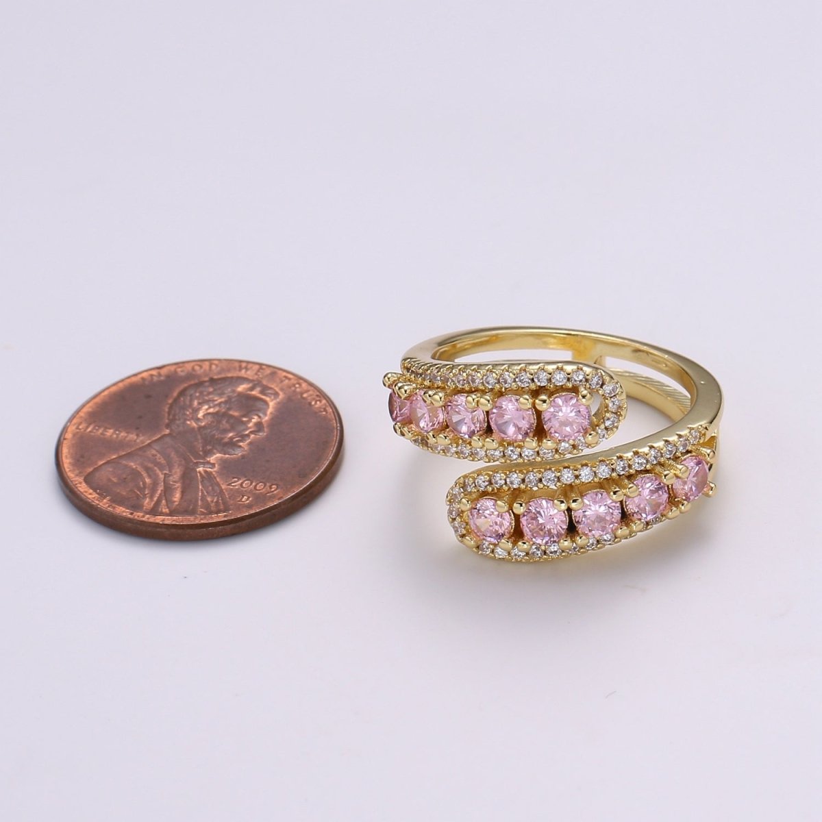 14K Gold Filled Green, Pink Round CZ Lined Micro Pave Double Band Wrap Ring
