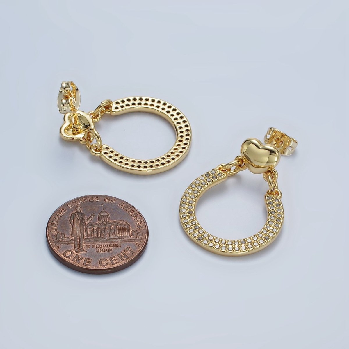 14K Gold Filled Heart Link U-Shaped Micro Pave CZ Drop Stud Earrings