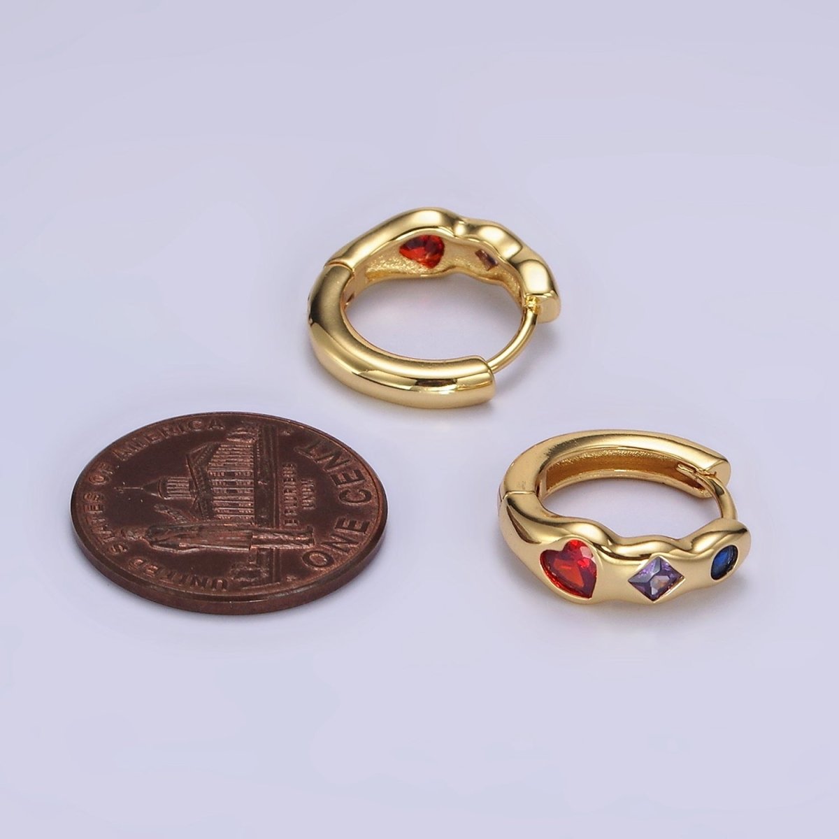 14K Gold Filled Heart Rhombus Round Multicolor CZ Wavy 15mm Huggie Earrings