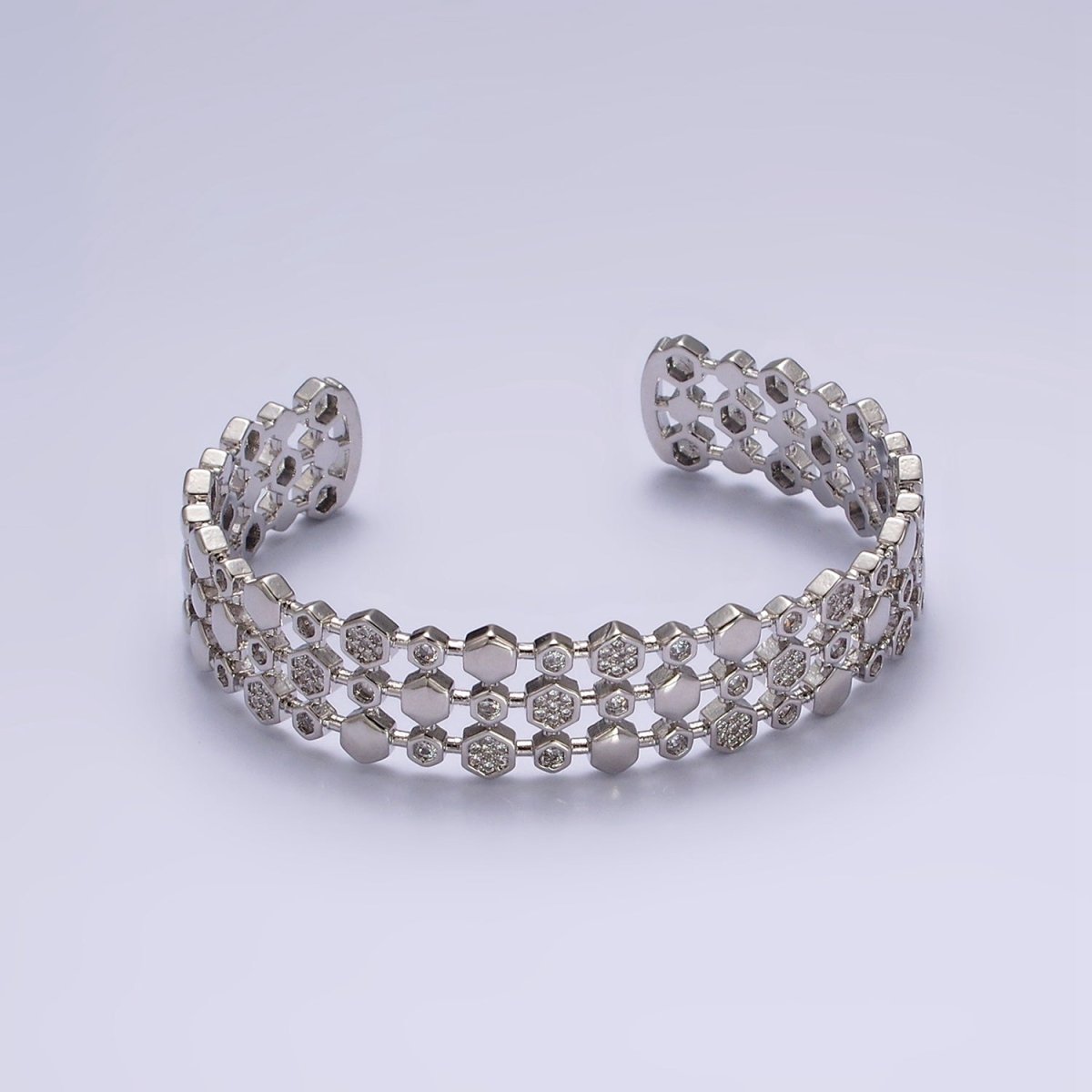 14K Gold Filled Hexagonal Micro Paved CZ Triple Lined Cuff Bracelet in Gold