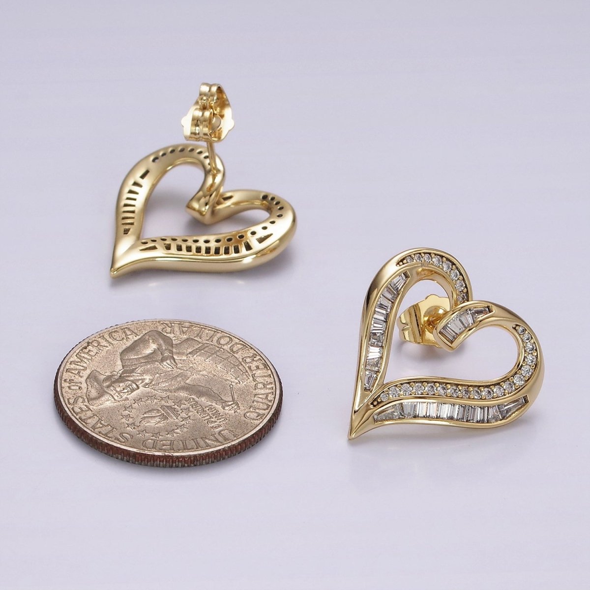 14K Gold Filled Micro Pave CZ Baguette Lined Open Heart Stud Earrings