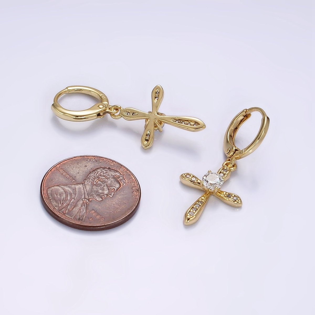 14K Gold Filled Micro Paved CZ Religious Cross Drop Huggie Earrings