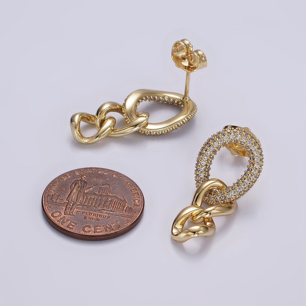 14K Gold Filled Micro Pave Oval Curb Link Drop Stud Earrings