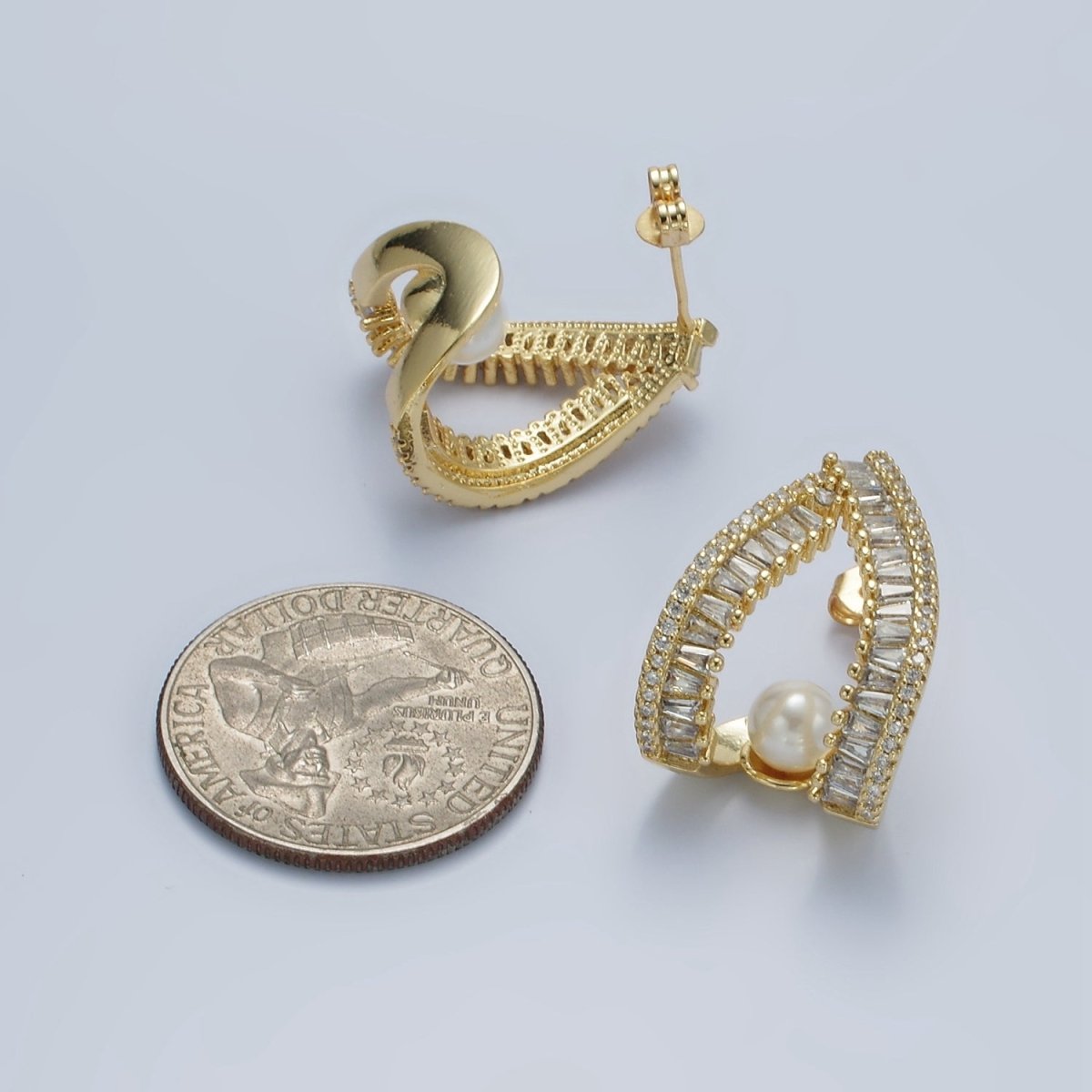 14K Gold Filled Pearl Baguette Micro Pave CZ Open Teardrop J-Shaped Hoop Earrings