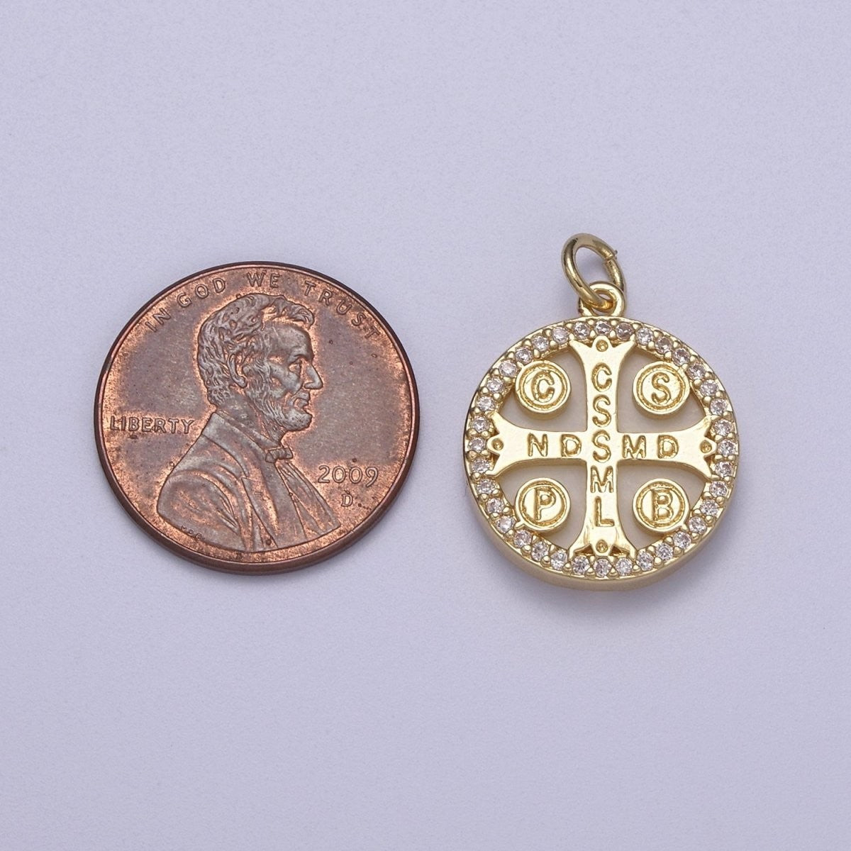 14K Gold Filled St. Benedict CSSML NDSMD Cross Micro Paved Shell Pearl Charm
