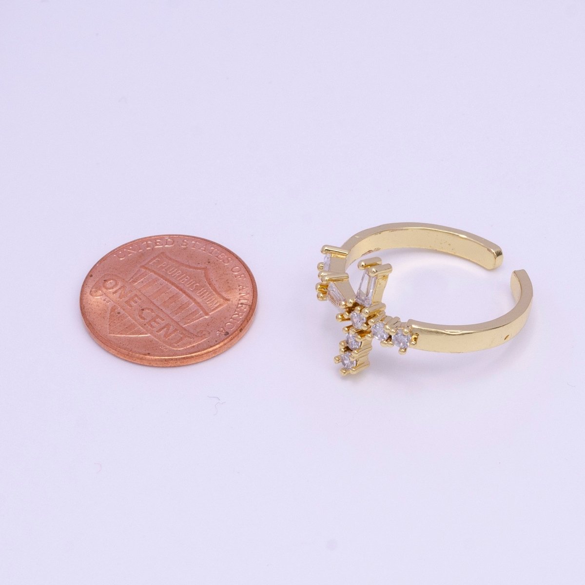 Simple Gold-Filled Sideway Cross Clear Baguette CZ Religious Ring