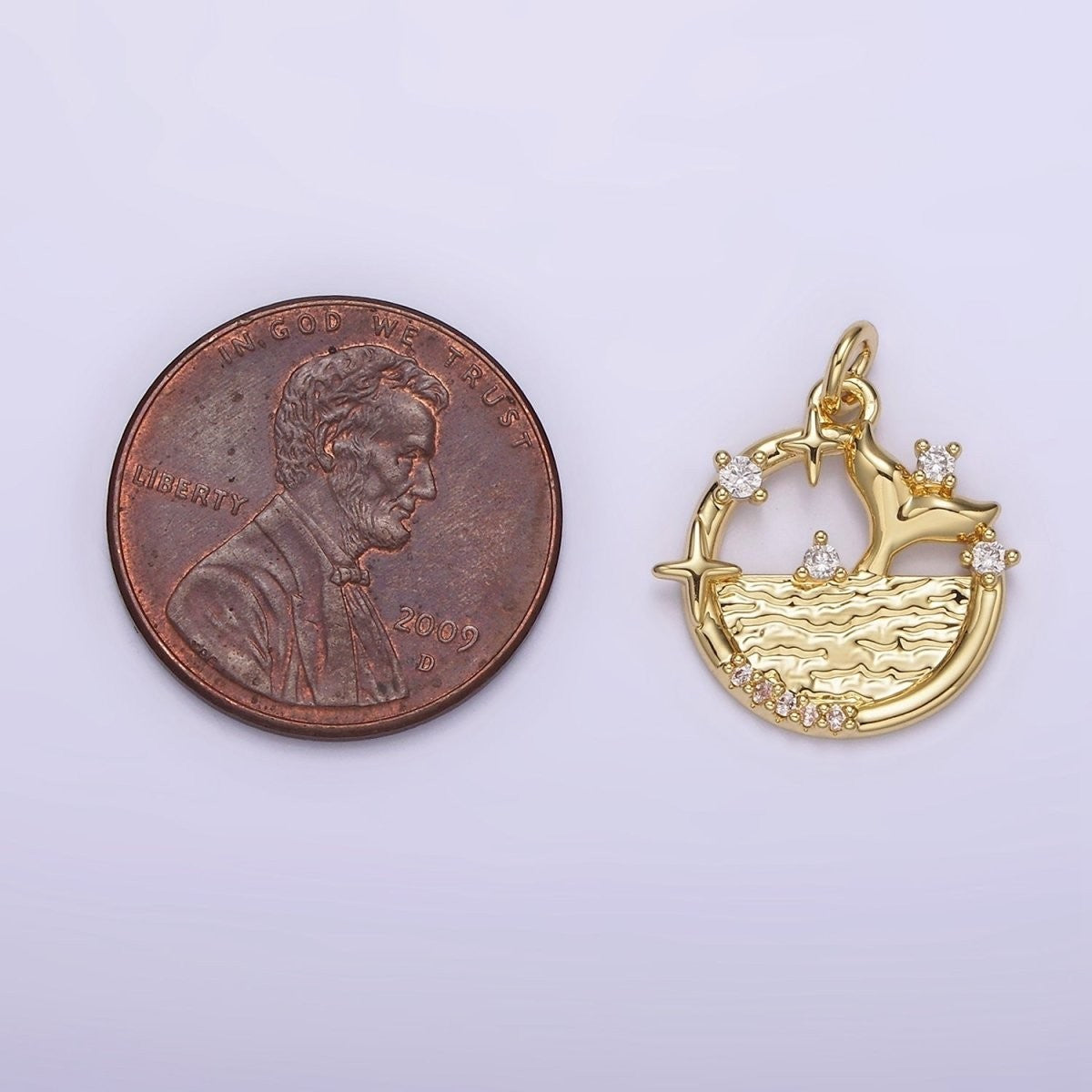 14K Gold Filled Tail Ocean Sea Textured Celestial Star Micro Paved CZ Open Round Charm