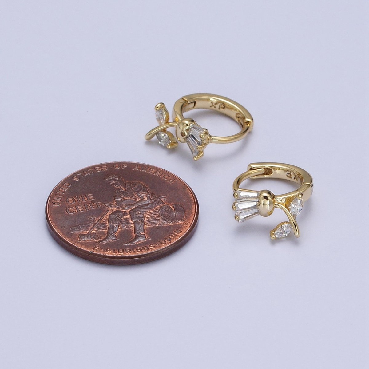 14K Gold Filled Tulip Flower Clear CZ Triple Baguette Micro Pave Cartilage Huggie Earrings