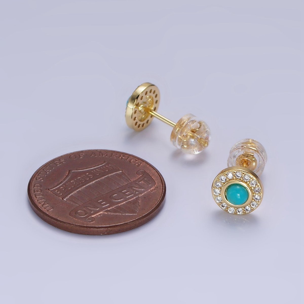 Dainty 14K Gold Filled Turquoise Clear CZ Micro Pave Round Stud Earrings