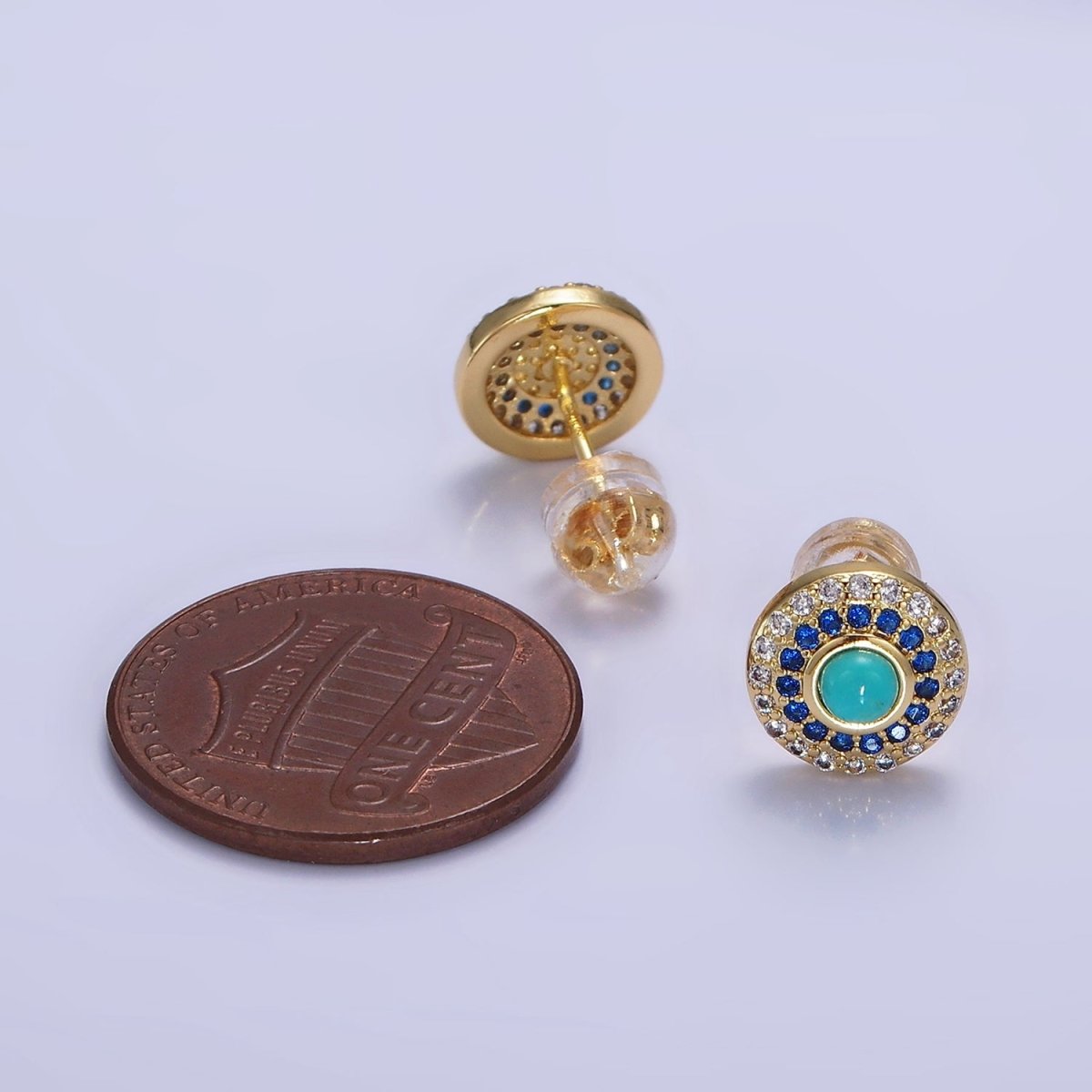 14K Gold Filled Turquoise Gemstone Micro Pave CZ Round Stud Earrings
